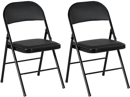 HOMCOM Padded Folding Chairs Set of 2 PU Leather Foldable Chairs with Cushioned Seat and Metal Frame for Home Office Dining Computer Desk Reception Room Black
