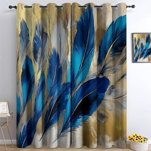 Vorhang Blickdicht Elegante Textur Vögel 100% Verdunkelungsvorhänge mit schwarzem Futter, 2er Set B 140 x H 200 cm, Thermovorhang Schlafzimmer Vorhänge, Sichtschutz Deko Vorhänge Blau Gold