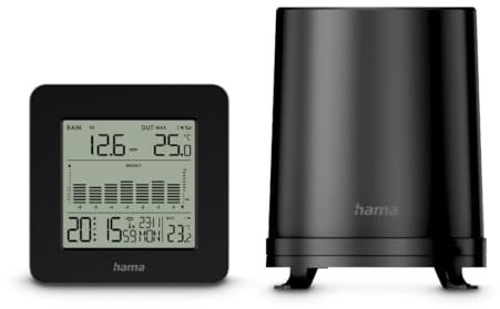 Hama Wetterstation (mit Außensensor, Thermometer innen und außen, mit Regenmesser/Regensensor, DCF Funkuhr, 2 Weckzeiten, Anzeige von Temperatur, Niederschlagsmenge, Uhrzeit, Datum, Wochentag) schwarz