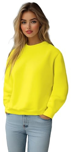 OZONEE Damen Sweatshirt Pullover Langarm Farbvarianten Langarmshirt Pulli ohne Kapuze Baumwolle Baumwollmischung Classic Basic Unifarbe Rundhals-Ausschnitt Sport 777/6502B GELB-NEON M