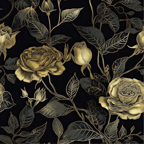 LACHEERY 44.5cm x 700cm Noir Or Tapisserie Murales Papier Peint Vintage Fleur Rose Salon Mur Vinyle Papier Adhesif Mural Imperméable Décoratif Papiers Peints Fleurs Film Adhesif pour Meuble Armoire