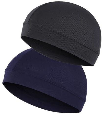 Anseom 2 Pezzi Ciclismo Skull Cap Sottocasco per Moto Sotto Casco Sottocasco Bici Sportivo Berretto Traspirante Sotto Fodera per Casco Morbido Berretti Cap per Uomo Donna (Nero+Blu Navy)