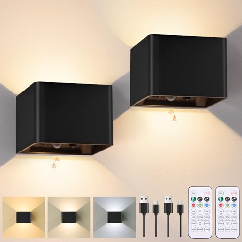 Rechargeable Motion Sensor Wall Light with Remote, 6000mAh Magnetic Battery Operated Wall Sconces, 3 Color Temperatures & Dimmable, Black LED Up Down Wireless Wall Lamp for Bedroom Living Room, 2-Pack