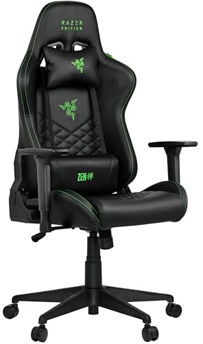 Razer Edition TAROK Natrix PC Gaming Stuhl - atmungsaktives PU-Leder gesteppt, Softcoat 3D Armlehnen, Wippfunktion, Lendenkissen und Kopfkissen, bis 130kg, schwarz