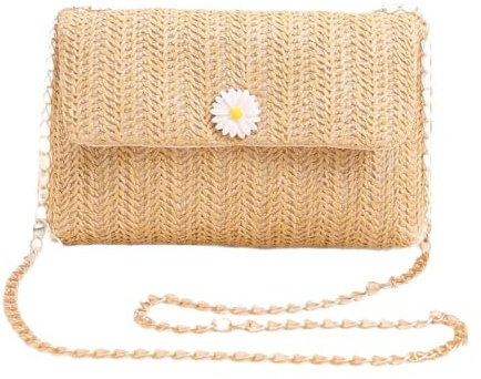 XFSRG Sac a Main Femme en Paille Daisy Élégant Soirée Sacs à Bandoulière d'Été Tissée Pochette avec Chaîne pour Plage Fête Vacances(Amande)