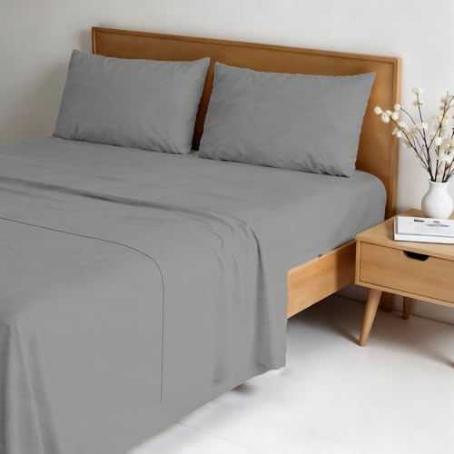 TESSILBOSIO Completo Letto Matrimoniale - Lenzuolo sopra 240x270cm, Sotto 170x200 e 2 Federe 50x80 – Lenzuola Microfibra Morbida No Stiro Effetto Stropicciato, Finiture Artigianali – (Grigio Chiaro)