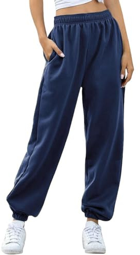 Nuofengkudu Holgados Pantalones Jogger Mujer Interior Polar Térmicos 2 Bolsillos Elastica Cintura Alta Largos Pull on Deportiva Pantalón Casual Lounge Pasear Otoño Invierno Lana-Azul Marino M