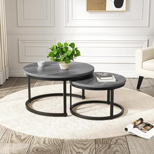 Hawthyhome wohnzimmertisch aus Holz mit Metallrahmen, couchtisch 2er Set & Moderner Beistelltisch Kaffeetische für Wohnzimmer Schlafzimmer, rund Satztisch Grau
