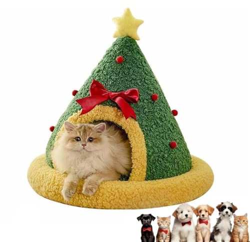 Pawsmas Christmas Tree Triangle Cat Cave Bed, Pawsmas Bett für Katzen und Hunde, Katzenbett Weihnachtsbaumzelt, Abnehmbar und waschbar Winter Geschlossenes Katzenbett, Kuschelhöhle für Katzen (B, S)