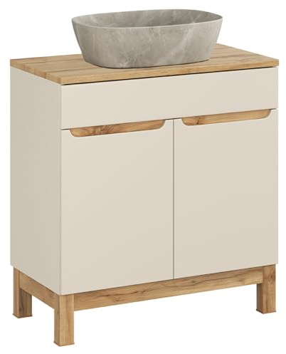 Lomadox Badezimmer Waschtisch 80 cm in Kaschmir und Eiche mit Aufsatzwaschbecken, stehend, modern, grfflos
