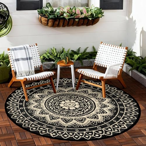 VSIWB Tappeto da esterno rotondo per terrazza 150cm reversibile impermeabile e pieghevole bohémien, per camper; tappeto da picnic e da camper, balcone, spiaggia, terrazza, nero/marrone