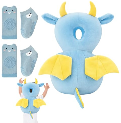 Baby Kopfschutz Kissen, Infant Sicherheit Pads Rückenprotektor Sicherheit Baby 5-teilig inklusive 1 Fallschutz Kissen, 2 Anti-Rutsch Socken und 2 Knieprotektoren Für Wickelkommode und Krabbelphase