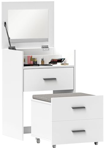 HOMCOM Coiffeuse avec Miroir relevable et Tabouret à roulettes Blanc