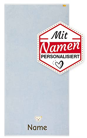 LALALO Steiff Kinderhandtuch Badetuch/Duschtuch, Handtuch mit Namen Bestickt, personalisiert mit Wunschname, Geschenk zur Taufe & Geburt, Babygeschenk für Jungen, Blau, 50x100 cm