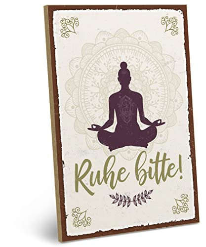 ARTFAVES® Wandbild Holzschild mit Spruch - RUHE BITTE - MEDITIEREN - Türschild Retro Vintage Deko Bild Geschenk - Meditation, Spiritualität, Achtsamkeit