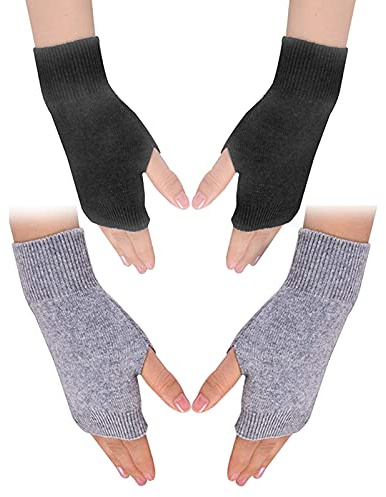 Zngou 2 Pairs Cashmere Fingerless Gloves, Wrist Warmers Thumb Hole Warm Half Fingerless Gloves Winter Warm Fingerless Mittens Black and Grey For Men Women Ladies Christmas Gifts