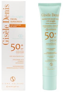 GISÈLE DENIS - Crème solaire visage ultra-légère, 40 ml, protection SPF 50+, crème solaire, soin de la peau, absorption immédiate et fini mat, hydrate la peau, résistante à l'eau
