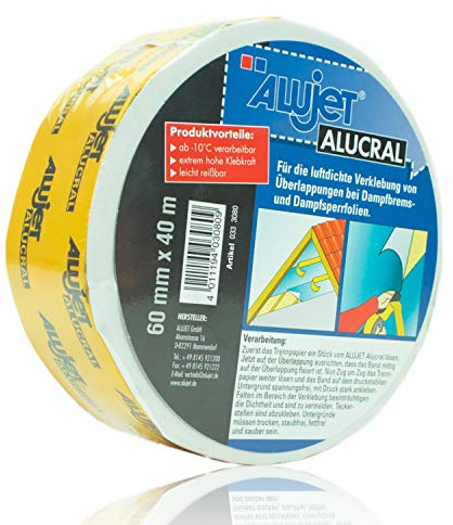 ALUJET - DampfsperrklebebandAlucral für den Innenbreich 60 mm x 40 Meter - Klebeband mit extrem hoher Klebkraft zur luftdichten Verklebung von Dampfbremse und Dampfsperren