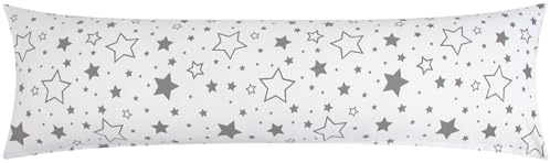 Renforcé Seitenschläferkissen Bezug 40x145cm - Sterne Grau (KY-376-9) | 100% Baumwolle, Überzug, Kissenbezug, Kissenhülle, Reißverschluss auf der langen Seite
