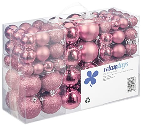 Relaxdays Set de 100 Bolas de Navidad, Decoración navideña, Mate, Brillante, Árbol de Navidad, ∅ 3,4 & 6 cm, Rosado