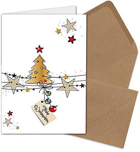 30x Weihnachtskarten-Set DIN A6 in Weiß mit Weihnachtsbaum und Sternen - Faltkarten mit Umschlägen DIN C6 in Kraftpapier Sandbraun mit Nassklebung - Weihnachtsgrüße für Firmen und Privat