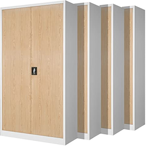 Jan Nowak Set di 4 Armadio da Ufficio C001 Archivio per Officina in Metallo Verniciato a polvere Chiudibile 195 cm x 90 cm x 40 cm (Bianco-Aspetto Legno)