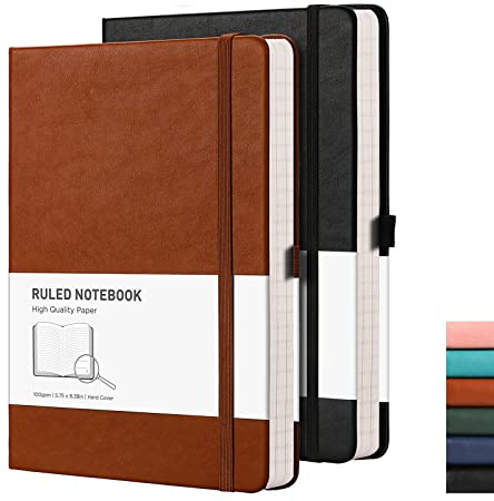 RETTACY Notizbuch A5 Hardcover, liniert, 2er Pack - Dickes Journal mit 376 nummerierten Seiten, 100g/m² Papier, 8 perforierten Blättern, Stiftschlaufe, Innentasche - Schwarz Braun