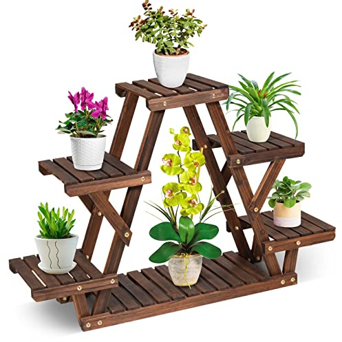 RELAX4LIFE Étagère à Fleurs en Bois (4 étagères / style3) | Porte-Plantes Extérieur et Intérieur avec Grande Capacité pour Décoration