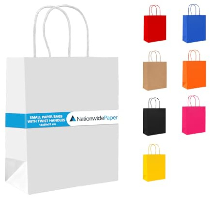 Nationwide Paper 25 Small White Paper Bags, Party Bags with Twist Handles, Gift bag DIY and Sweet bags (18x9x22cm)