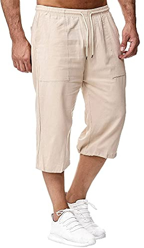 Sprifloral linne shorts för män 3/4 längd byxor sommarbyxor strand yoga joggingbyxor casual träningsbyxor, Khaki, S