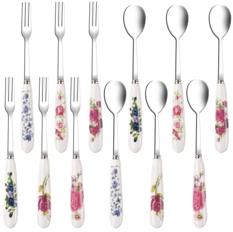 12 Pieces Forks and Spoons with Ceramics Handle, Stainless Steel Utensils Dessert Spoons and Forks Set for 6, Cutlery Set with Flower Pattern, Flatware Sets for Home Restaurant and Kitchen