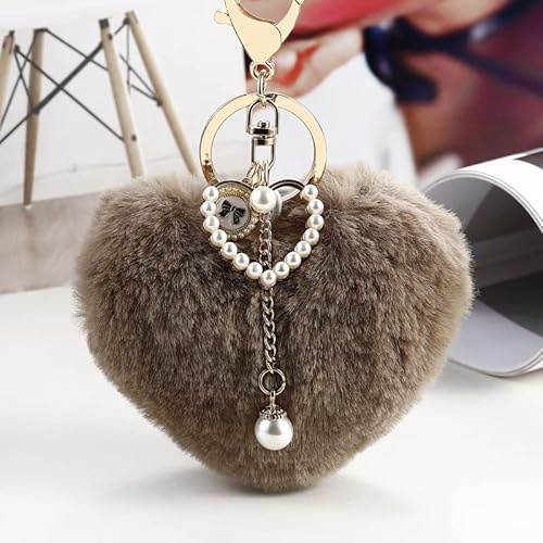 Pom Pom Schlüsselanhänger Liebe Herz Fuchspelz Plüsch Bommel mit Perle Quaste Schlüsselbund Handtasche Schlüssel Auto Taschen Koffer Rucksäcke Zubehör Schlüsselring Anhänger Geschenk für Damen