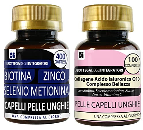 Set di Integratori Pelle Capelli Unghie | Biotina Zinco Selenio Metionina 400 compresse + Collagene Ialuronico Q10 Complesso Bellezza 100 compresse LABOTTEGADEGLIINTEGRATORI ®