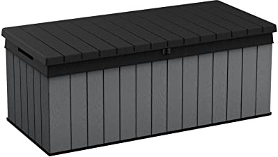 Keter Darwin Auflagenbox, Kissenbox, 380 l, Grau – Hydraulisches Kolbensystem mit Gasdruckfeder für Deckel, Abschließbar, Pflegeleicht, Holzoptik, Polsterbox