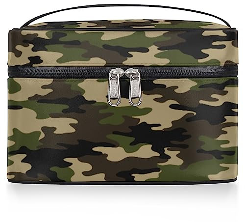 Camouflage Grün Kosmetiktasche Damen Große Reise Make-up Tasche Camouflage Make-up Tasche Tragbare Make-up Tasche Box Reißverschluss Kulturbeutel, wie abgebildet, 9.2*6.2*5.9inch