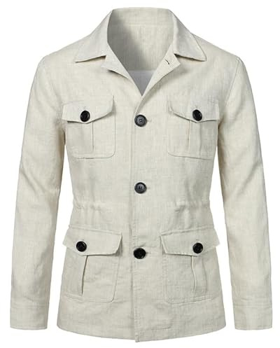 MANYMANY Blazer Safari da Uomo Giacca Safari in Lino a Maniche Lunghe Capispalla Leggero Safari Slim Fit da Uomo