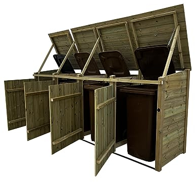Arbor Garden Solutions Wheelie bin storage pressure treated garden recycling store lid shed outdoor trash cover - Premium Tongue And Groove (Quadruple, without shelf)