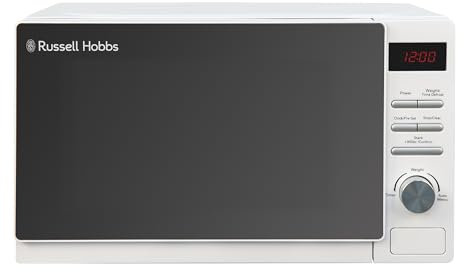 Russell Hobbs RHM2079A - Microondas digital básico, 20 l y 800 W, 5 niveles de potencia, descongelación automática, 8 menús de cocinado automático, reloj y temporizador, fácil de limpiar, blanco