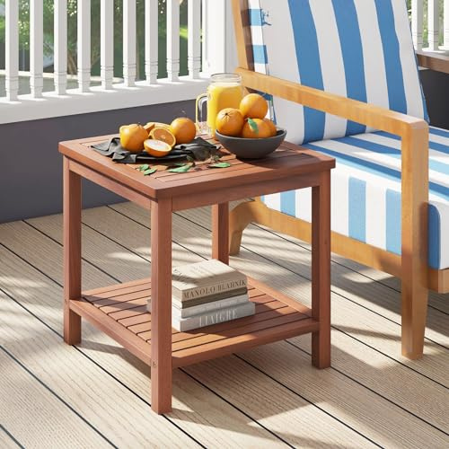 GOPLUS Table de Jardin 2 Niveaux, Table Pliante Exterieur Bois d’Acacia Portable avec Plateau Rectangulaire à Lattes, Idéal pour Piscine, Patio et Camping, Charge 75KG (Carrée,45x45x45CM)