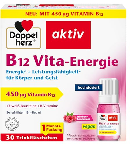 Doppelherz B12 Vita-Energie - Vegan und hochdosiert mit 450 µg Vitamin B12 pro Trinkfläschchen - 30 Trinkfläschchen mit Himbeer-Geschmack