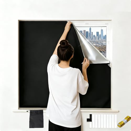 ZCYLPT 100% Blackout Blind,145X300CM Blackout Blinds Stick On,Temporary Blackout Curtain for Window,Cut to Any Size,No Drill Blinds Blackout with Self Adhesive Tapes for Bedroom,Nursery,Loft,RV Car