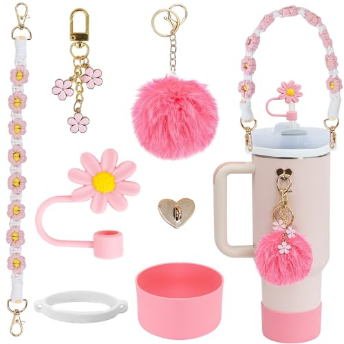 LACGO 7PCS Stanley Cup Accessories Including Silicone Boot, Boho Woven Handle Strap,Straw Cover and Charms,Stanley Accessories for 30/40oz Tumbler（Pink）