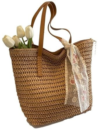 WANGSHAOWEI Strohtasche Sommer Große Kapazität Einkaufstasche Frauen Schultertasche Handgemachte Gewebte Tasche Frische Ländliche Handheld Gras Gewebte Frauen Tasche Runde Strohtasche(Khaki AddScarf)