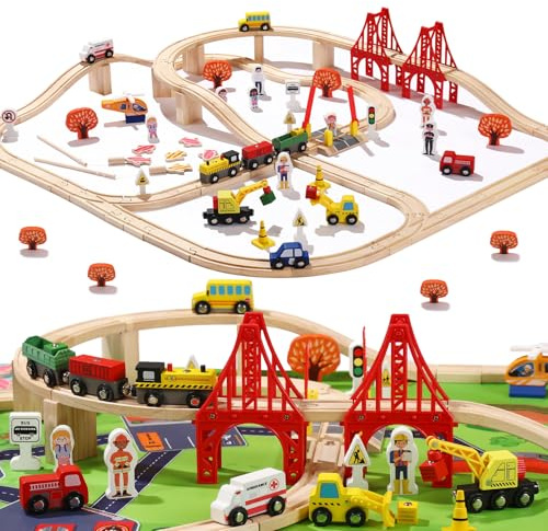 KiToyWod 100 Pcs Wooden Train Track Set, Toy Train with Tracks for Kids Ages 3-10, Compatible with Major Brands, Railway Playset for Boys and Girls Birthday Gift