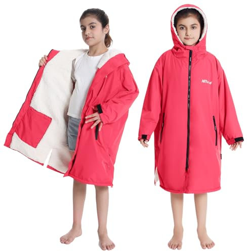 Hiturbo Warm Kids Swim Parka: Waterproof Changing Robe - Thick Fleece Lining - Oversize Swimming Coat - Hooded Surf Poncho (7-14Y, Pink)