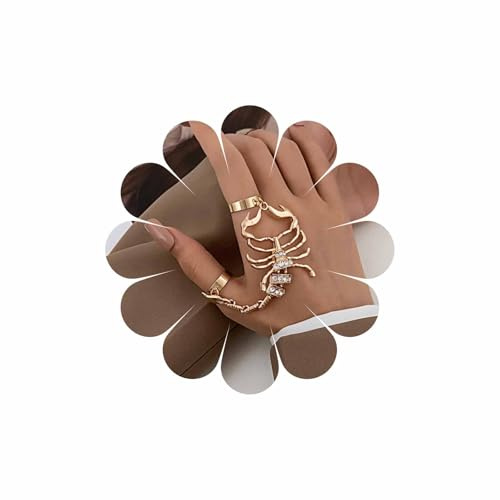Wendalern Punk Scorpion Chain Rings Rhinestone Scorpion Knuckle Finger Rings Double Finger Rings with Scorpion Chain Vintage Scorpio Ring Bracelet Hand Harness Halloween Costume Jewelry for Women