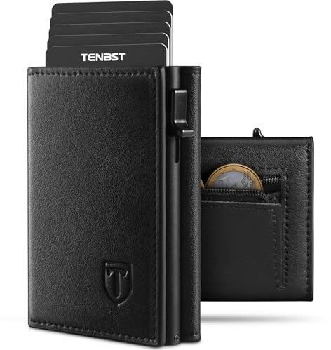TENBST Geldbörse Herren mit RFID Schutz, Slim Wallet mit Münzfach, 10 Karten Portmonee Geldbeutel Herren, Magnetischer Wallets for Men, Kreditkartenetui Klein with Gift Box - Schwarz