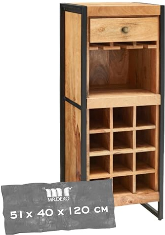 MR. DEKO® Exklusive Wein Kommode aus Mango Holz | Weinschrank mit Stauraum & Hängeeinsatz | Industrial Look Bar Regal | (Wein) Flaschen-Regal für 12 Flaschen | Vintage Design | 51x40x120cm