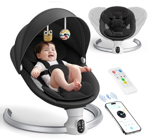 Mecedora Bebe Eléctrica 0-9kg, Hamaca Bebé con Bluetooth y Mando a Distancia, Silla Mecedora para Bebe Plegable con Arnés 5 Puntos, Visera Solar y Mosquitera