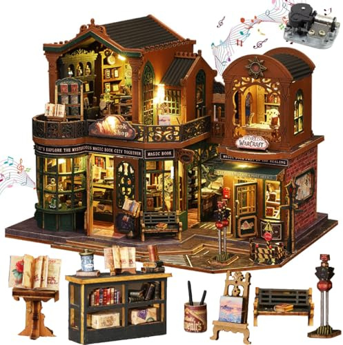 DIY Miniatur Haus Kit, Zauberbuch City Tiny Puppenhaus Kit mit Spieluhr & Möbel, Kreatives Holzhandwerk Modell für Erwachsene Magic Bookstore Home Decor (Buchstadt-Ohne Staubschutz)